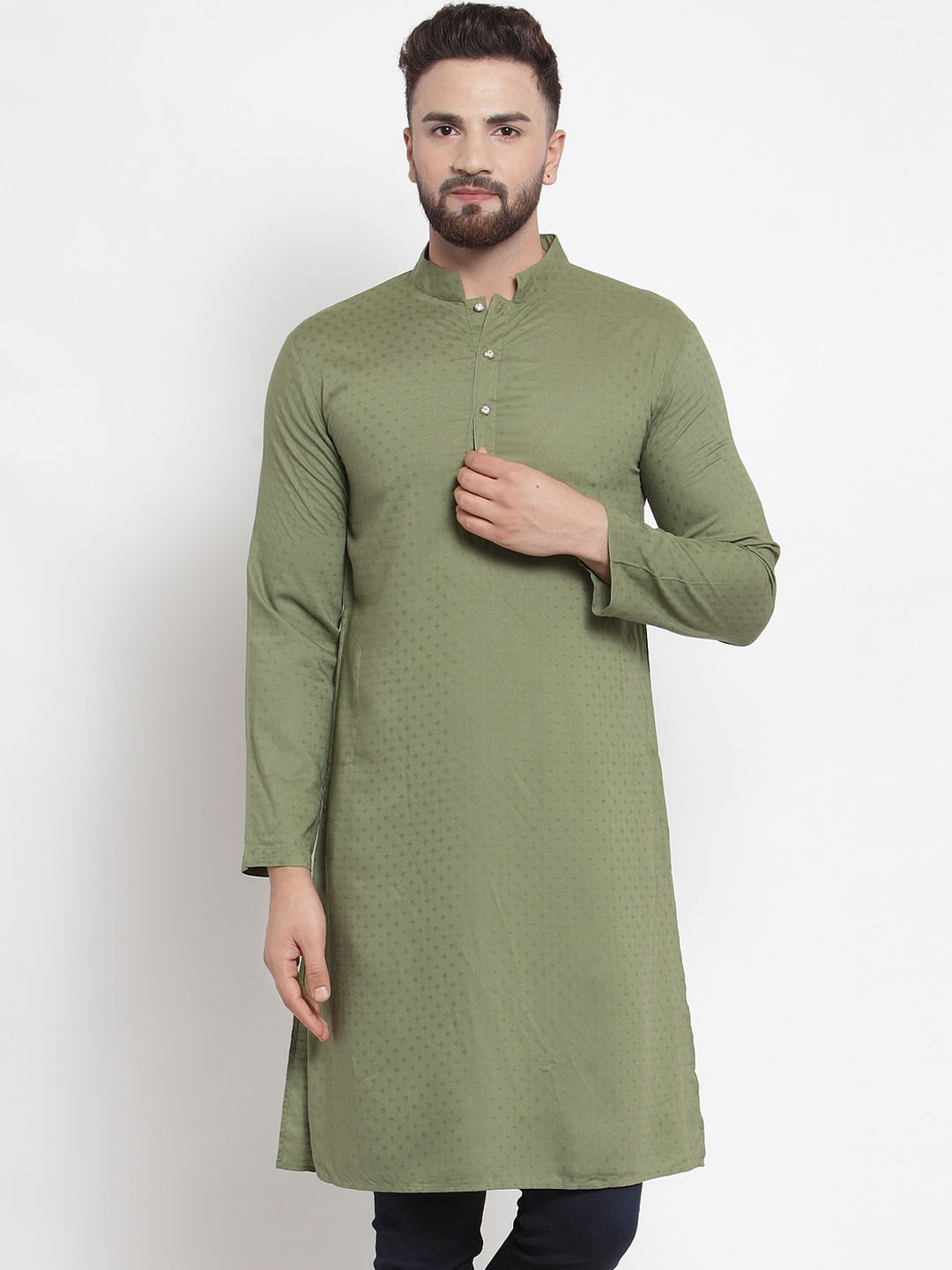 

Purple State Men Green Woven Design Straight Kurta
