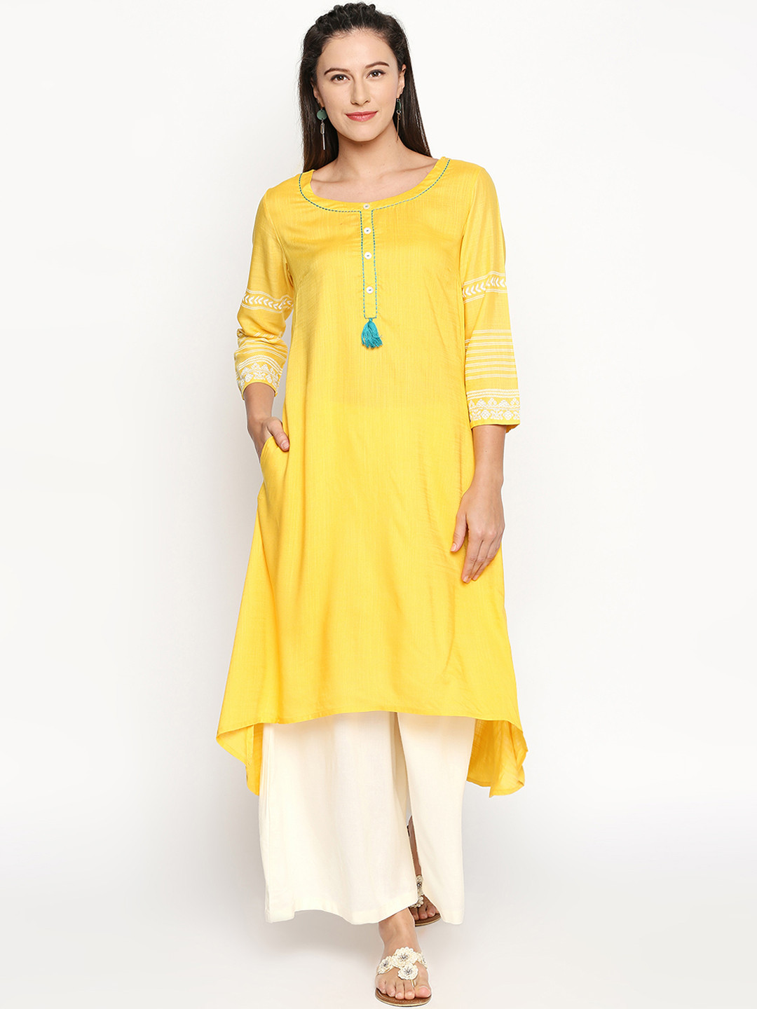 

RANGMANCH BY PANTALOONS Women Yellow Yoke Design A-Line Kurta