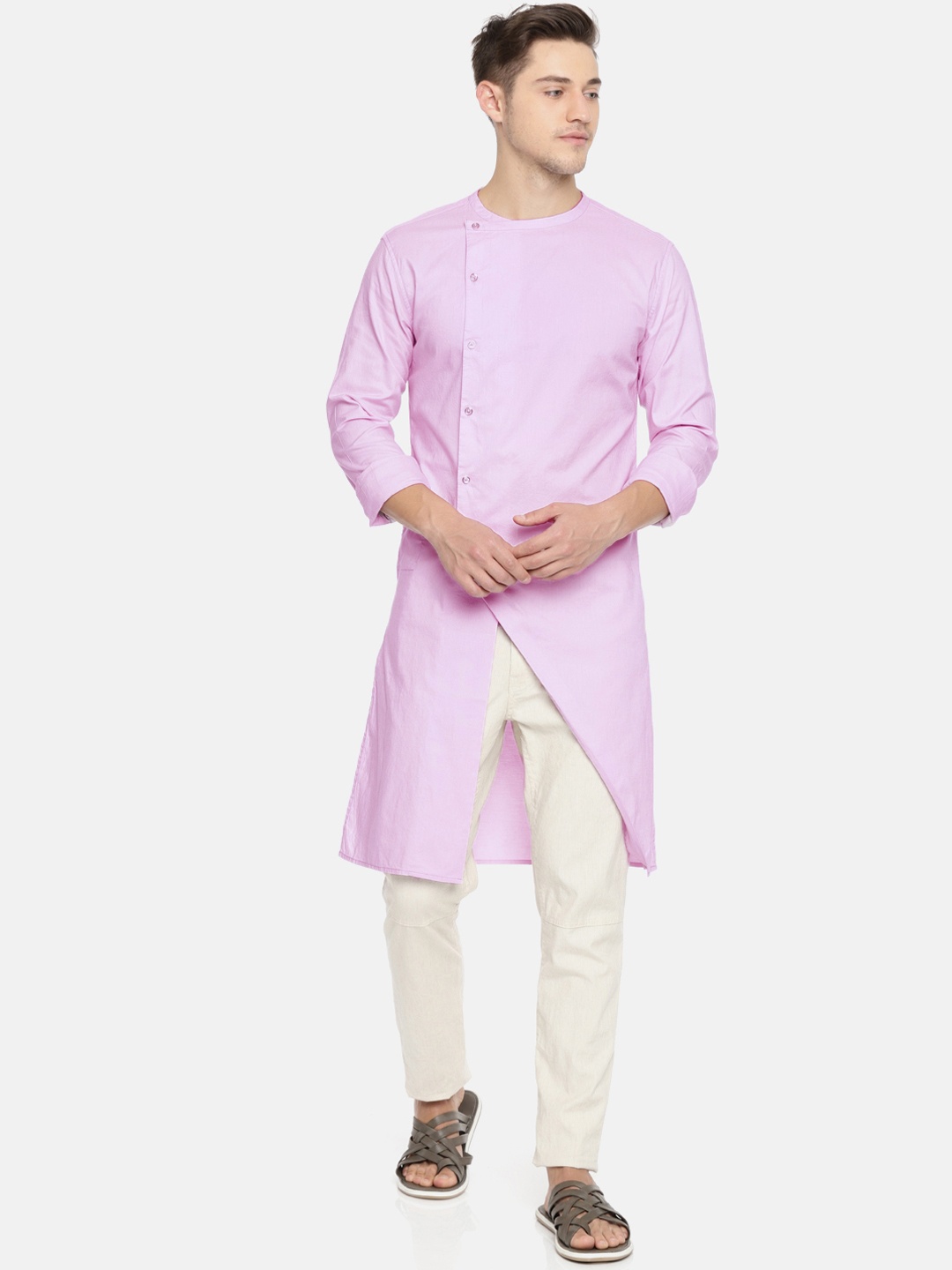 

Freehand by The Indian Garage Co Men Pink Solid Straight Kurta