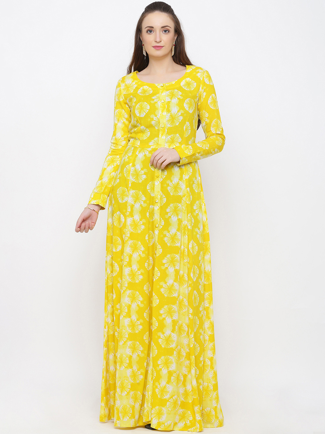 

Indian Virasat Women Yellow Printed Maxi Dress