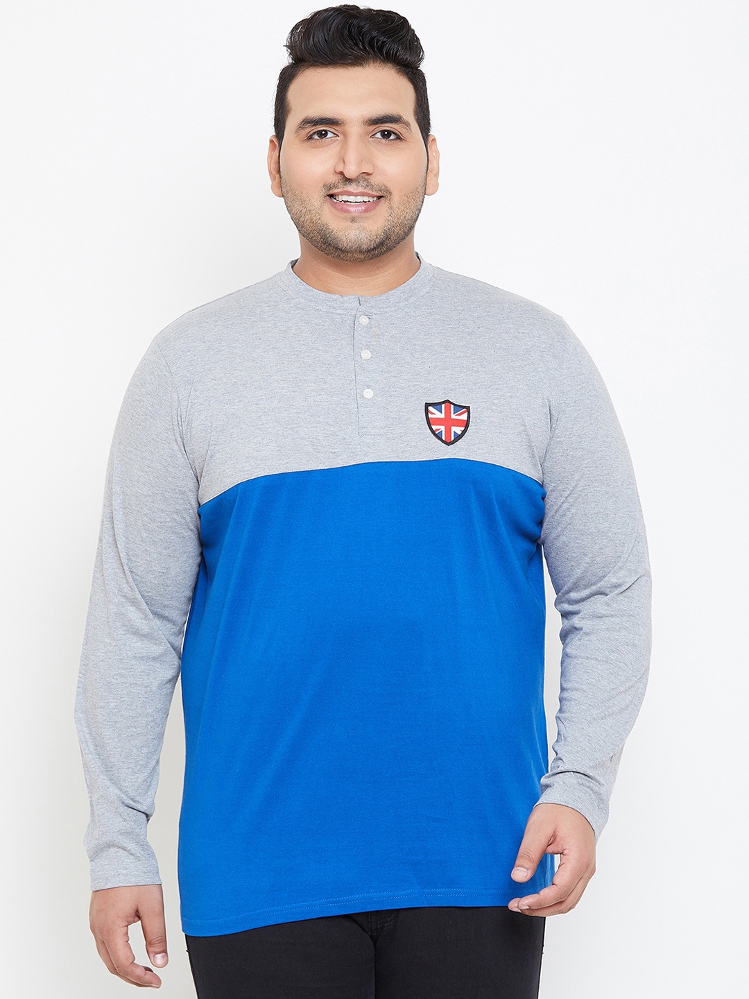 

bigbanana Plus Size Men Grey Blue Colourblocked Henley Neck Bio Finish Pure Cotton T-shirt