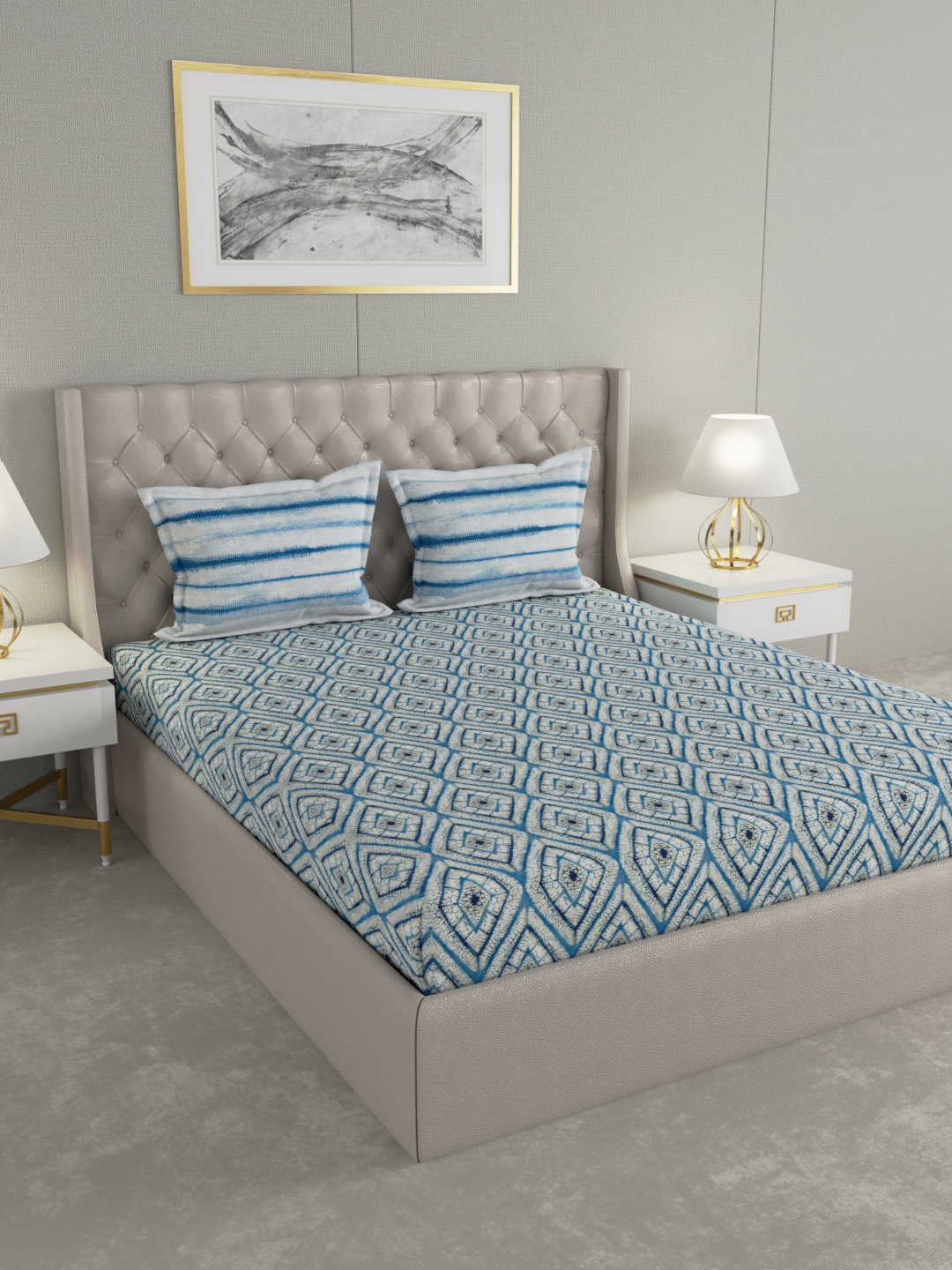 

GM Blue & Grey Geometric 210 TC Cotton Double King Bedsheet with 2 Pillow Covers