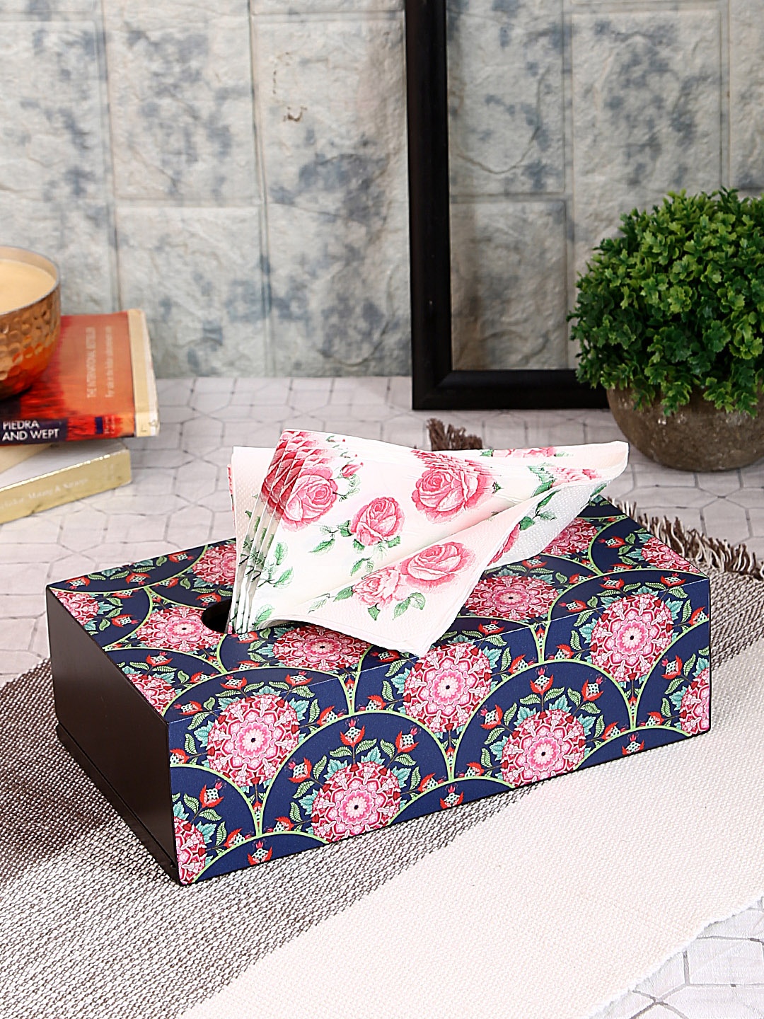 

Reinvention Factory Navy Blue & Pink Printed Wood Tissue Holder Set