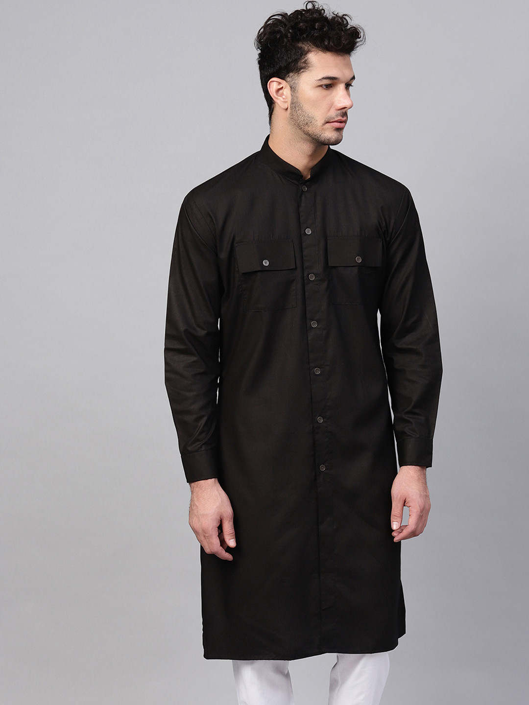 

SOJANYA Men Black Solid Straight Kurta