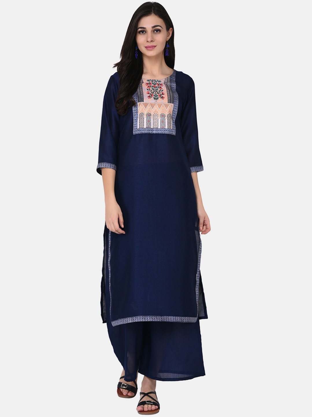 

ZIYAA Women Navy Blue Yoke Design Straight Kurta