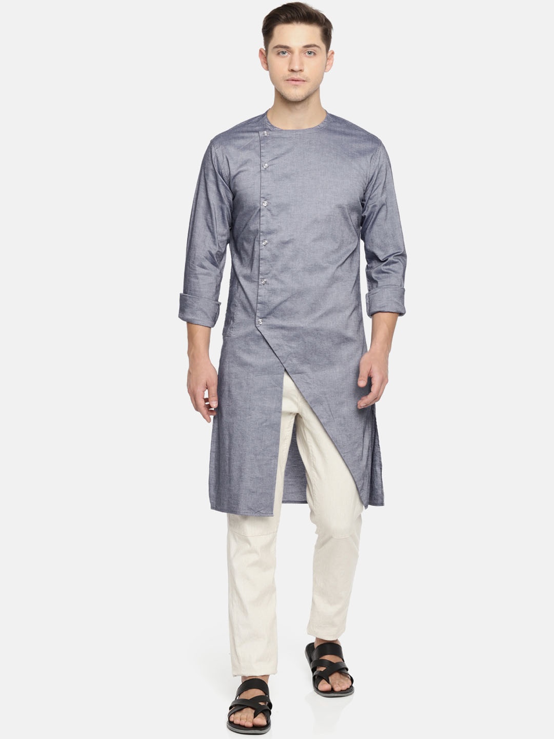 

Freehand by The Indian Garage Co Men Grey Solid Straight Kurta