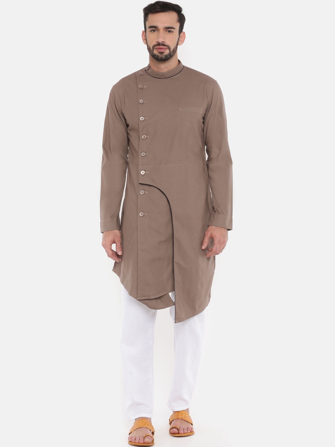 

Freehand by The Indian Garage Co Men Brown Solid Straight Kurta