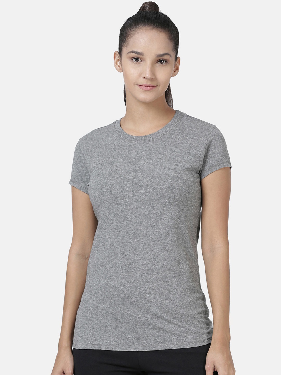 

Enamor Women Grey Melange Slim Fit Crew Round Neck T-Shirt