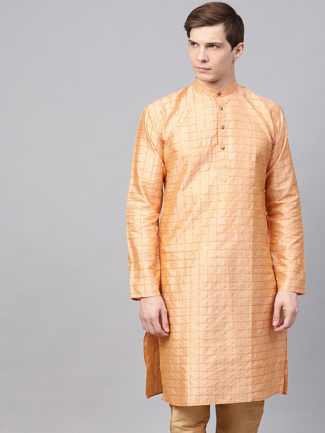 

SOJANYA Men Peach-Coloured Checked Straight Kurta