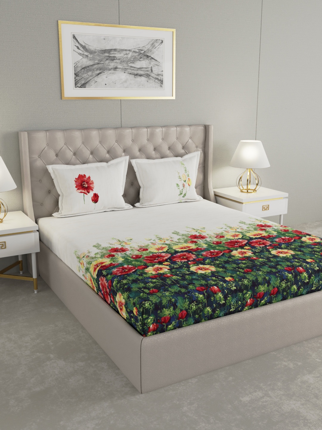 

GM White & Green Floral 210 TC Cotton 1 Super King Bedsheet with 2 Pillow Covers