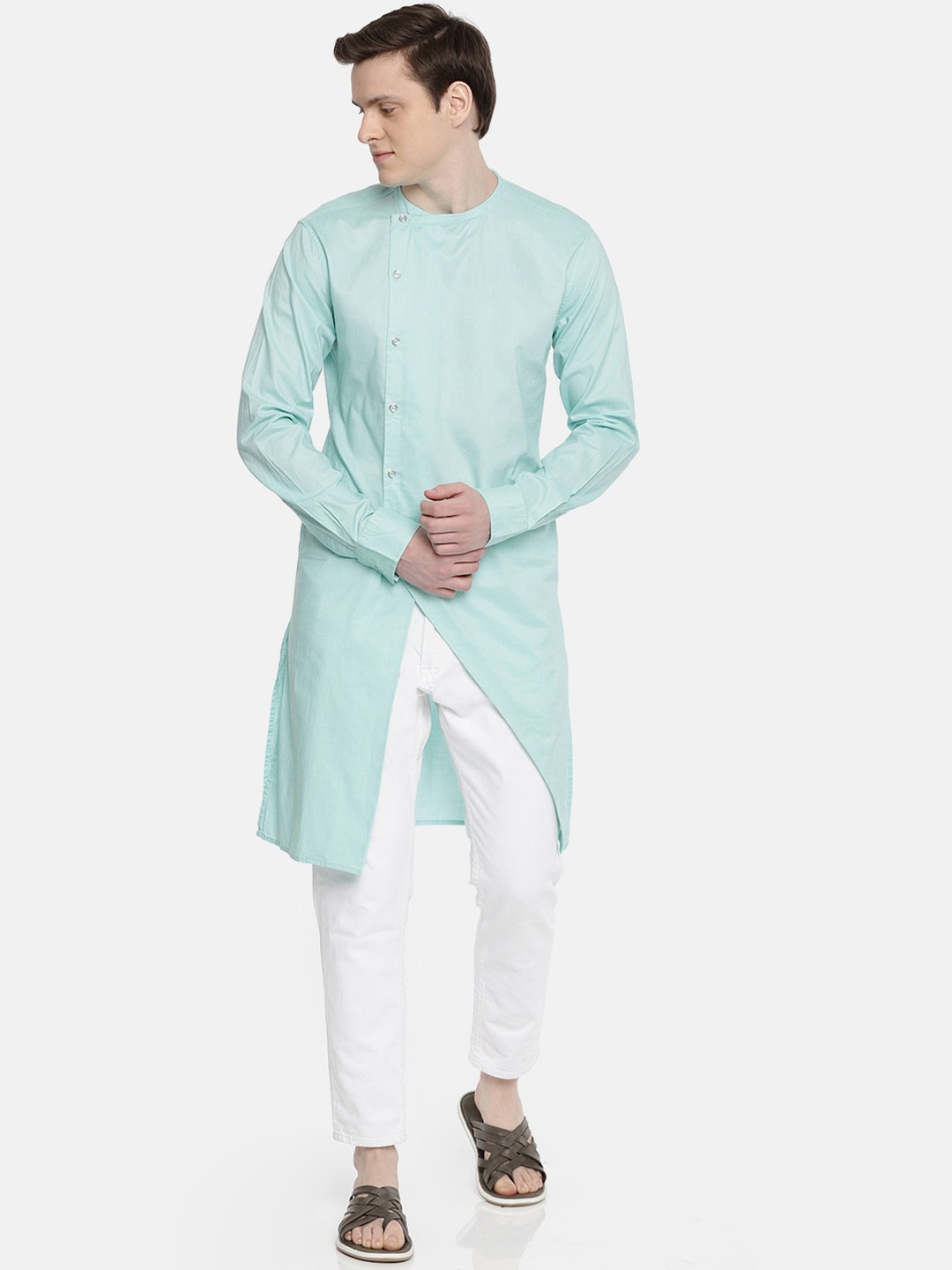 

Freehand by The Indian Garage Co Men Turquoise Blue Solid Straight Kurta