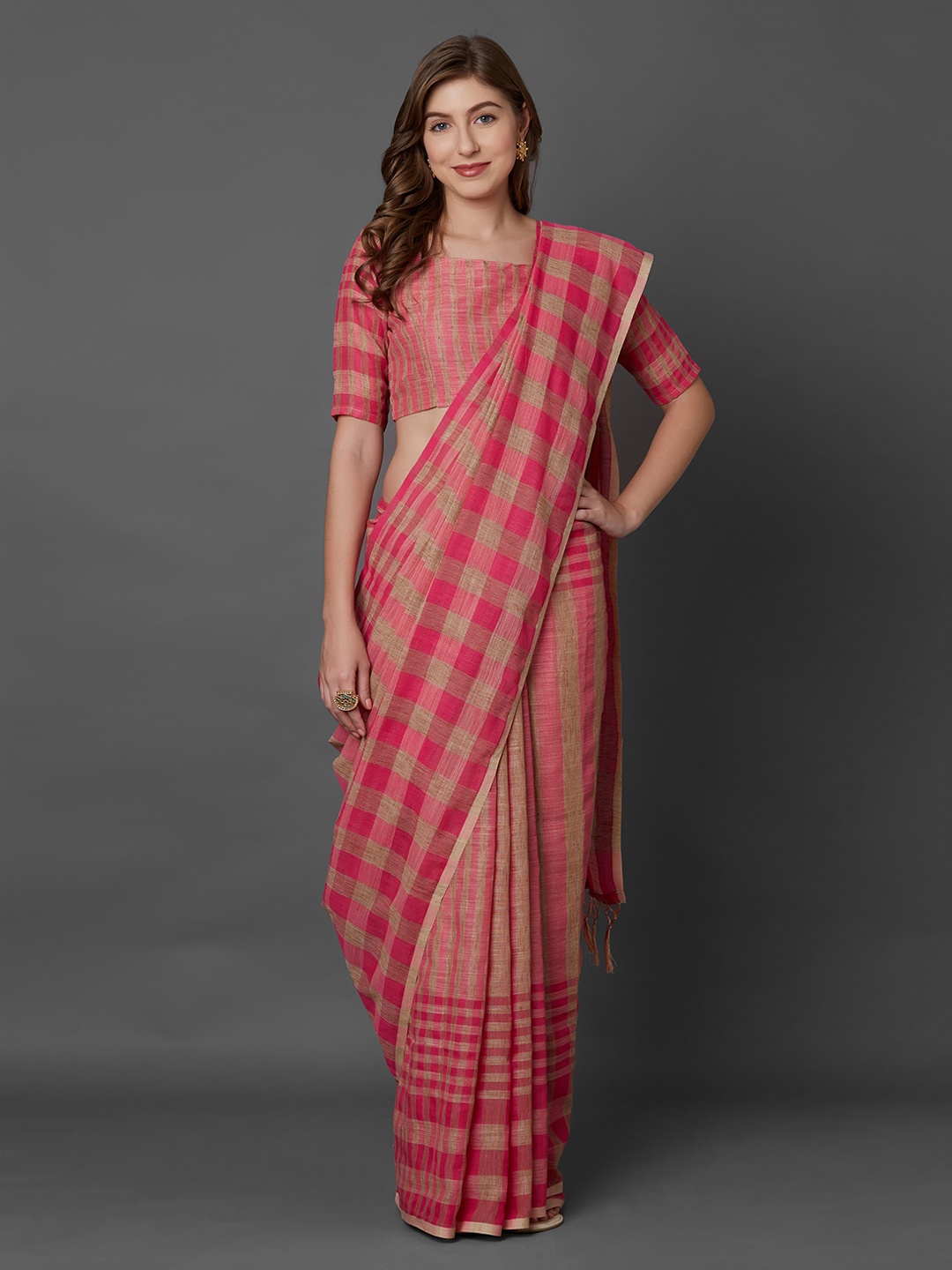

Mitera Pink & Brown Linen Blend Printed Saree