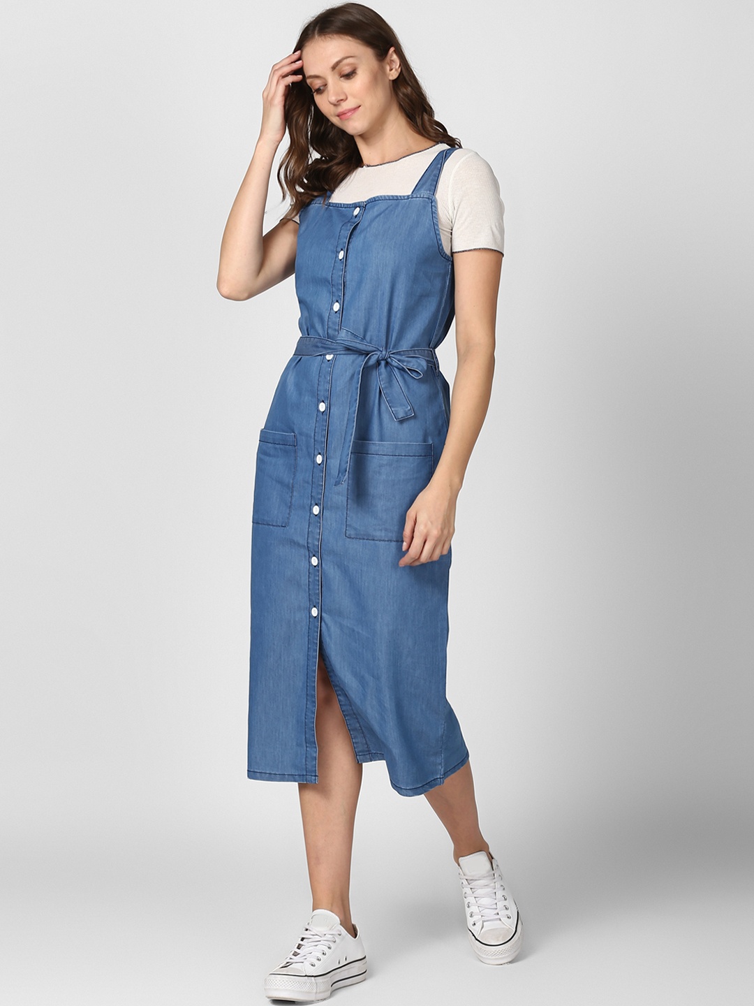 

StyleStone Women Blue Solid Denim Pinafore Dress