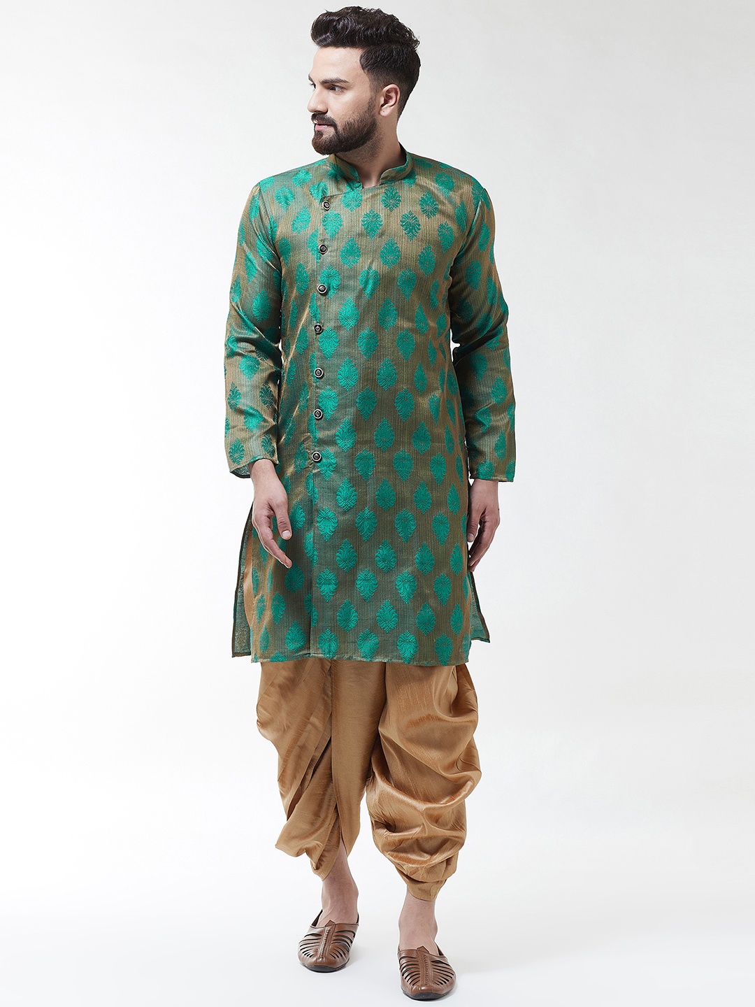 

SOJANYA Men Green & Gold-Coloured Self Design Kurta with Dhoti Pants