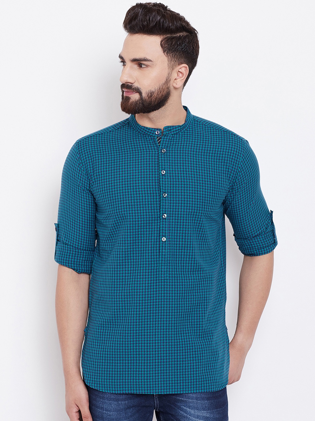 

even Men Blue Checked Straight Kurta