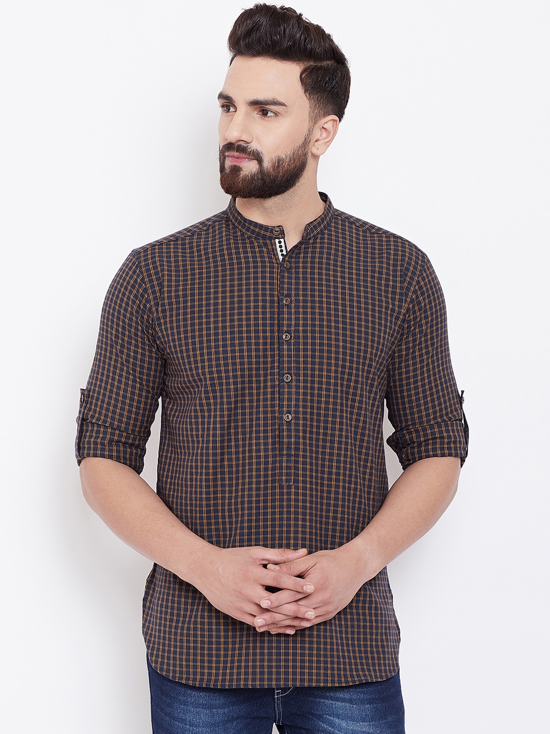 

even Men Blue & Mustard Yellow Checked Straight Kurta