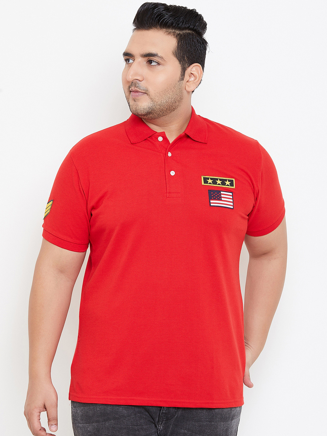 

bigbanana Plus Size Men Red Solid Polo Collar Bio Finish Pure Cotton T-shirt