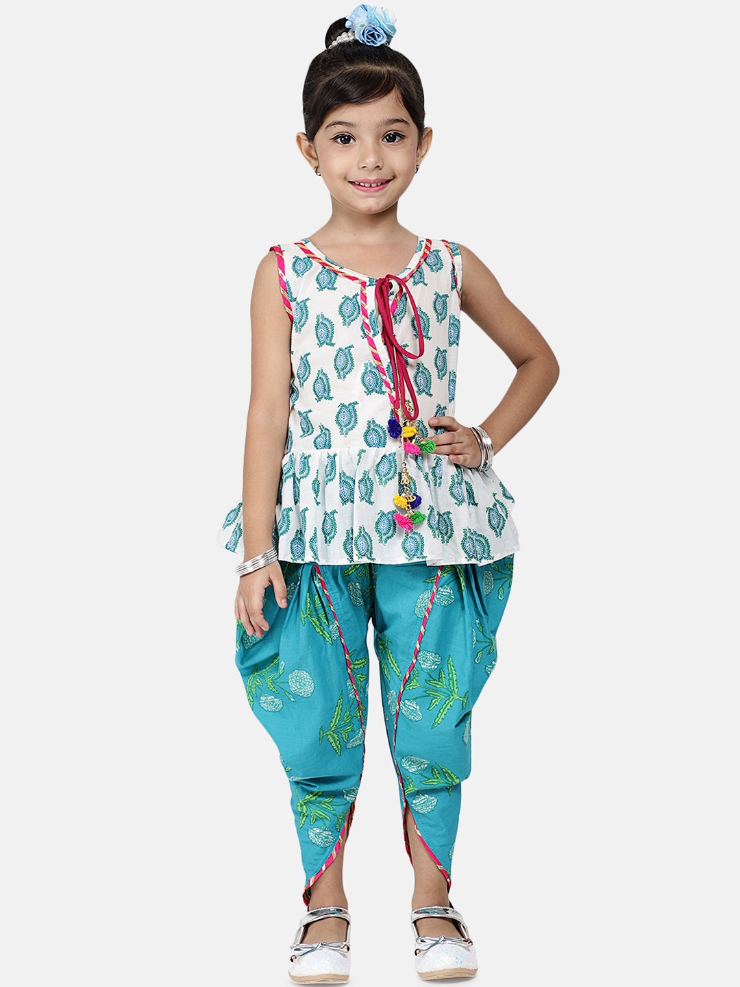 

BownBee Girls White & Blue Printed Kurti with Dhoti Pants