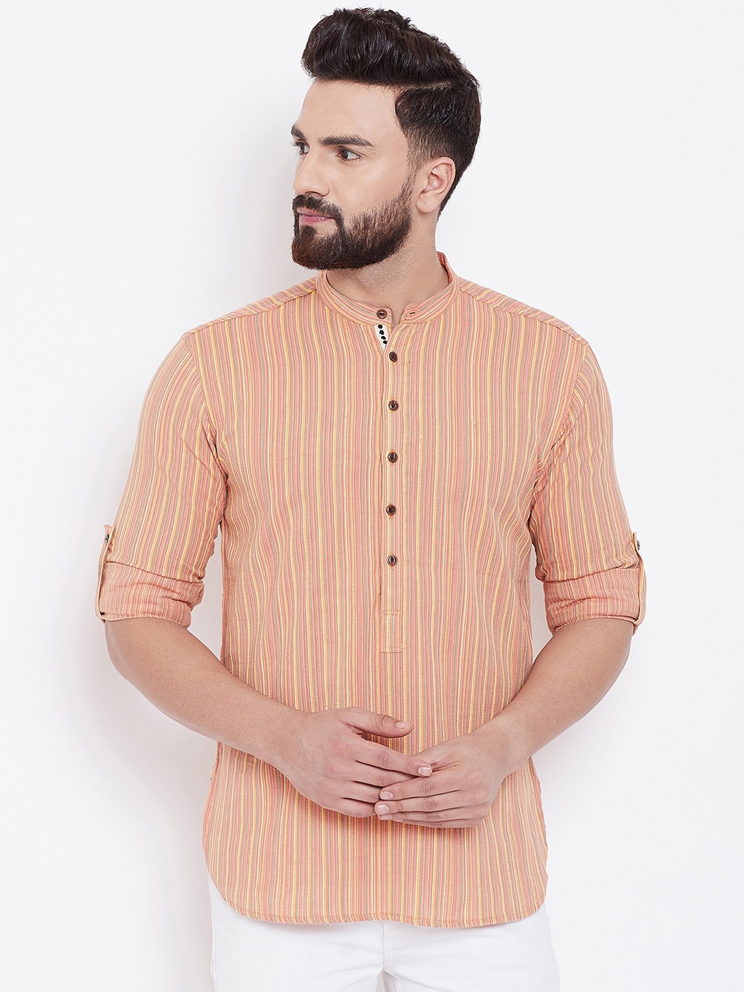 

even Men Peach-Coloured Striped Straight Kurta