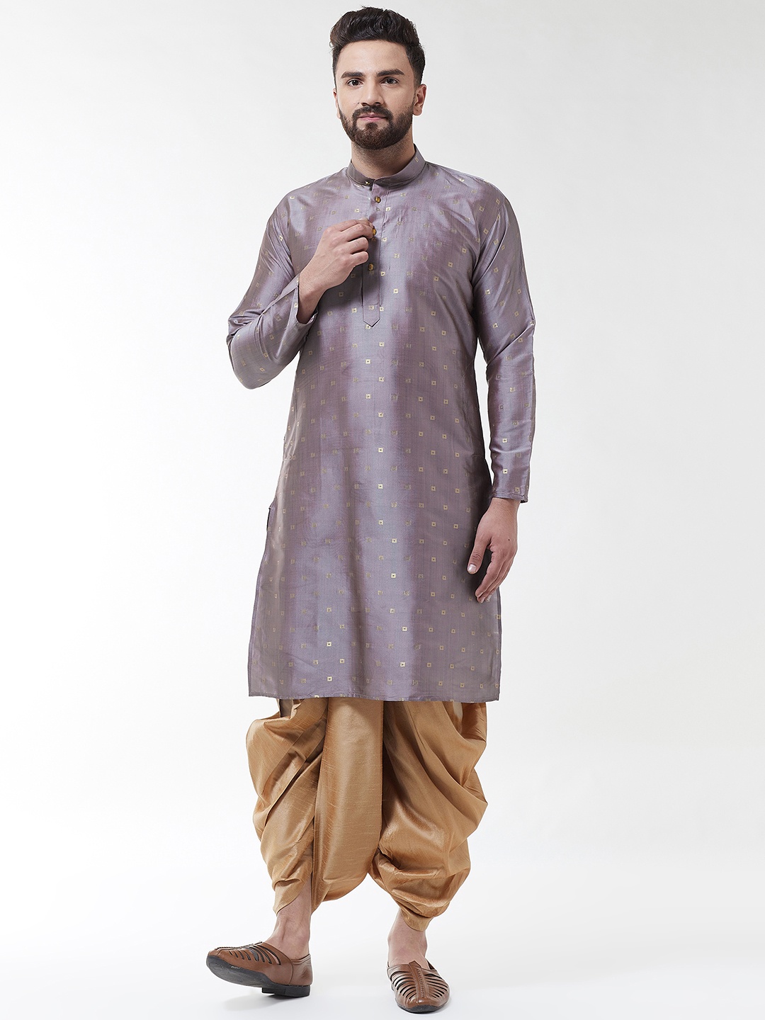

SOJANYA Men Grey & Gold-Coloured Self Design Kurta with Dhoti Pants