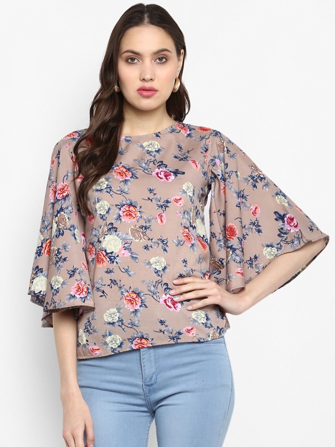 

One Femme Women Brown Floral Printed A-Line Top
