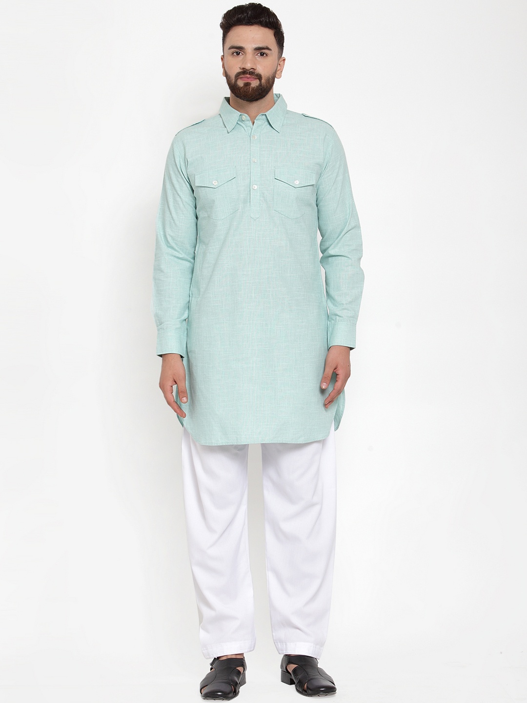 

Purple State Men Sea Green Solid Pathani Kurta