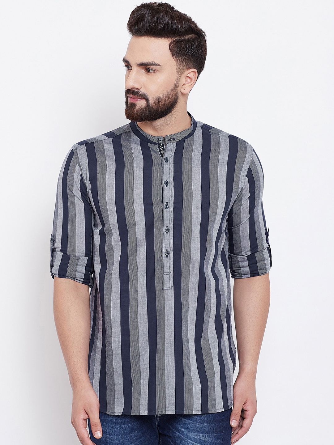 

even Men Blue & Grey Striped Straight Kurta