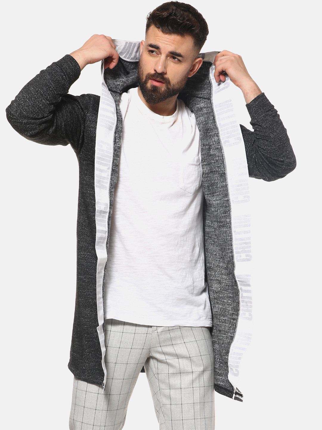 

Campus Sutra Men Grey Printed Open Front Shrug