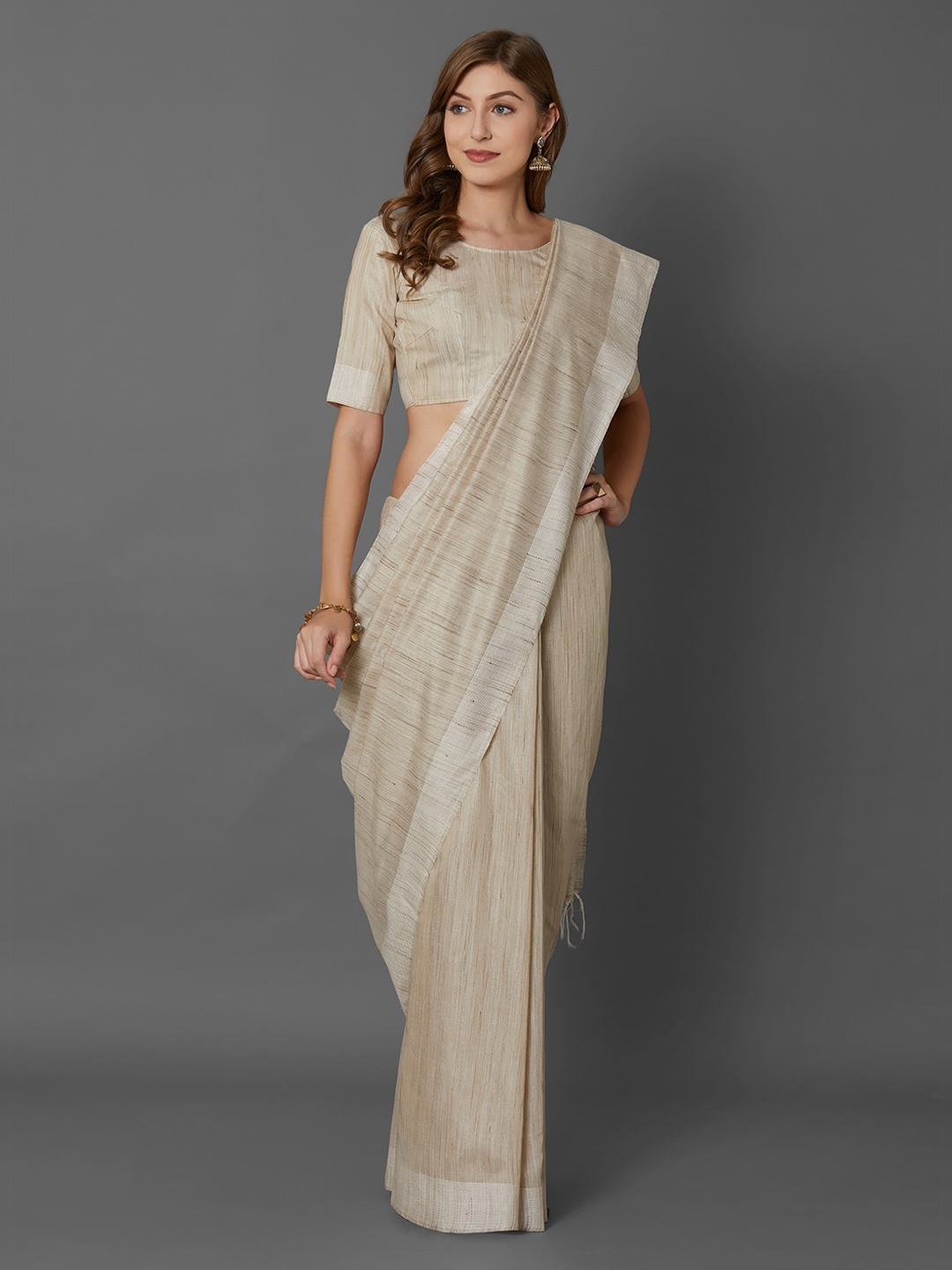 

Mitera Beige Solid Silk Blend Saree
