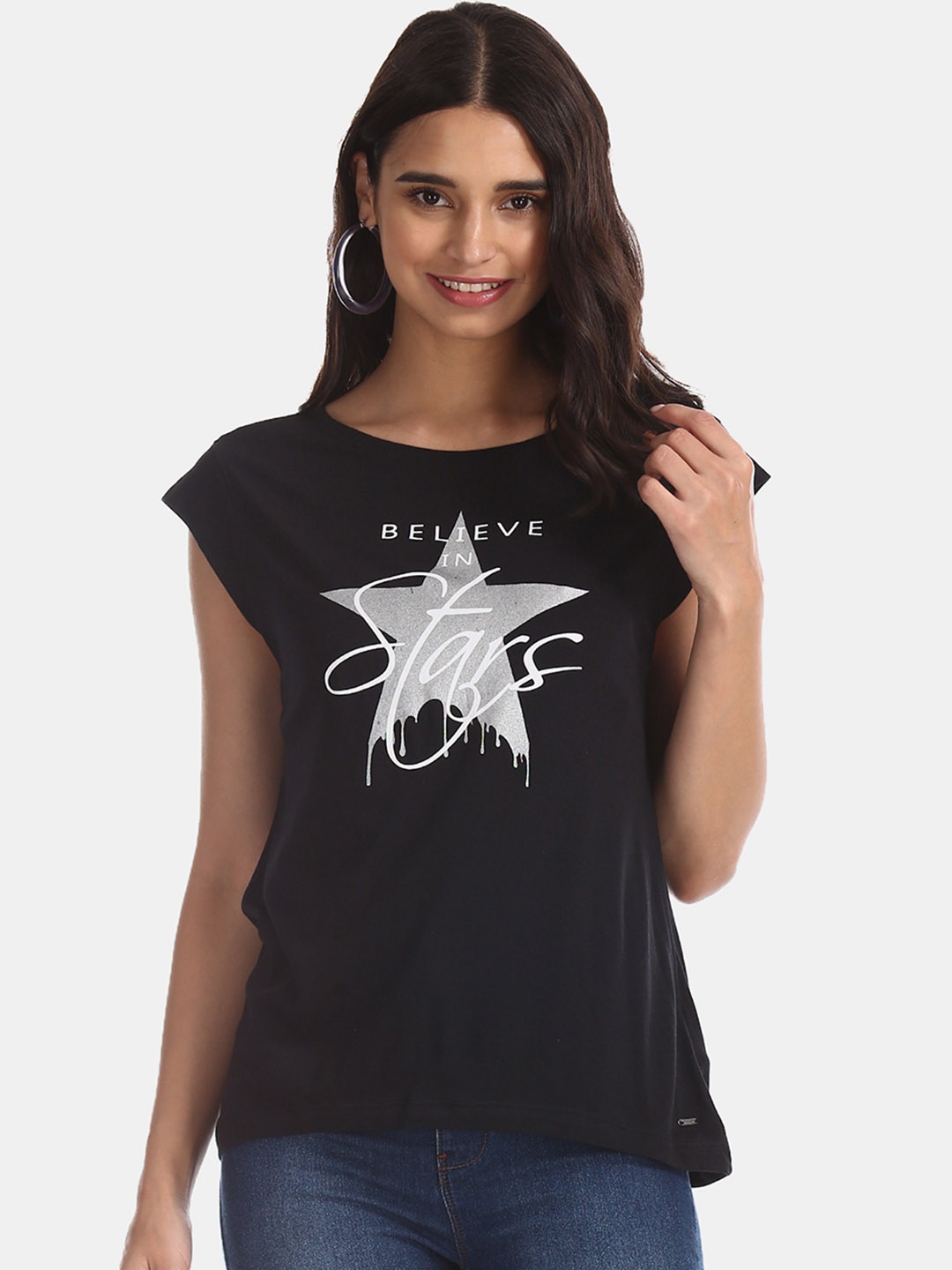 

Flying Machine Women Black Printed Round Neck T-shirt