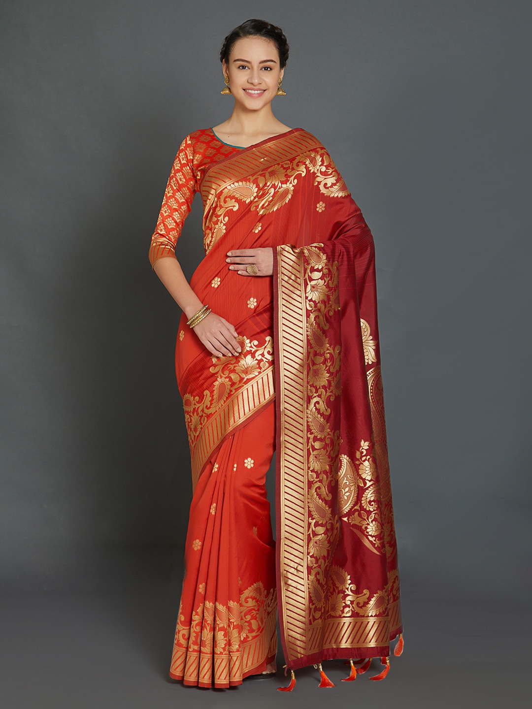 

Mitera Orange & Gold-Toned Silk Blend Woven Design Kanjeevaram Saree