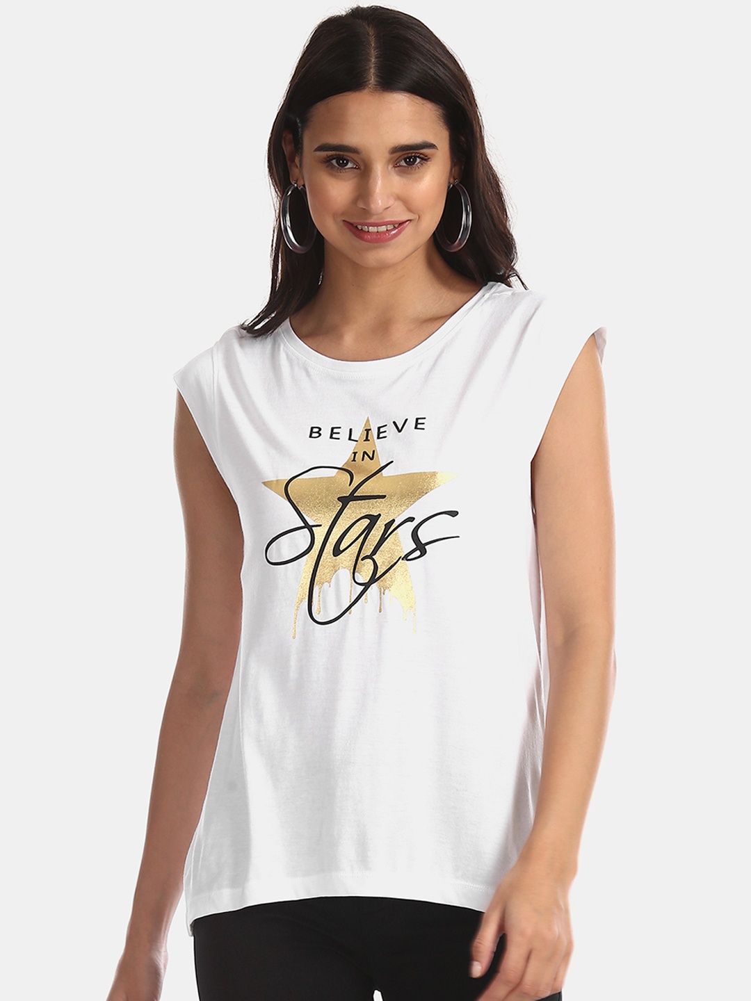 

Flying Machine Women White Printed Round Neck T-shirt