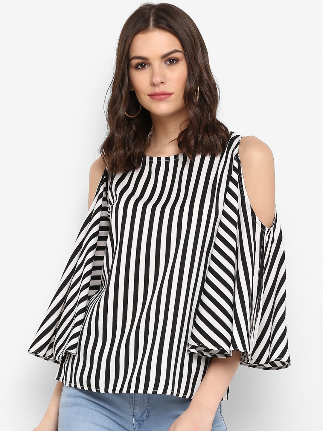 

One Femme Women White & Black Striped A-Line Top