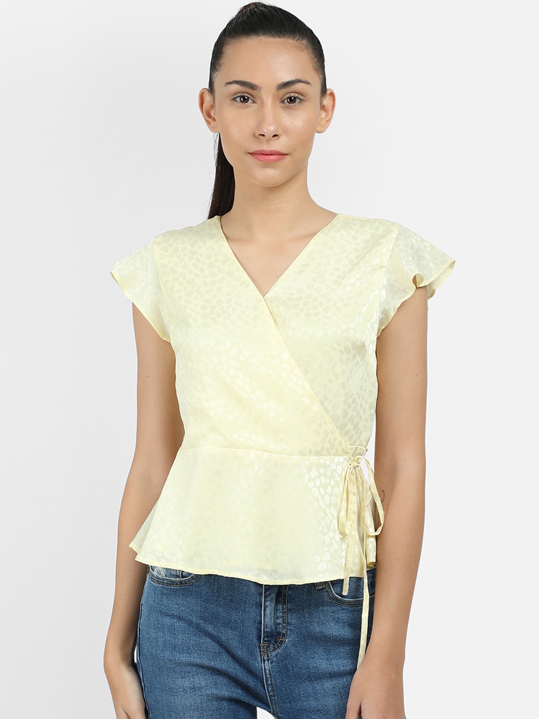 

COVER STORY Women Yellow Printed Wrap Top
