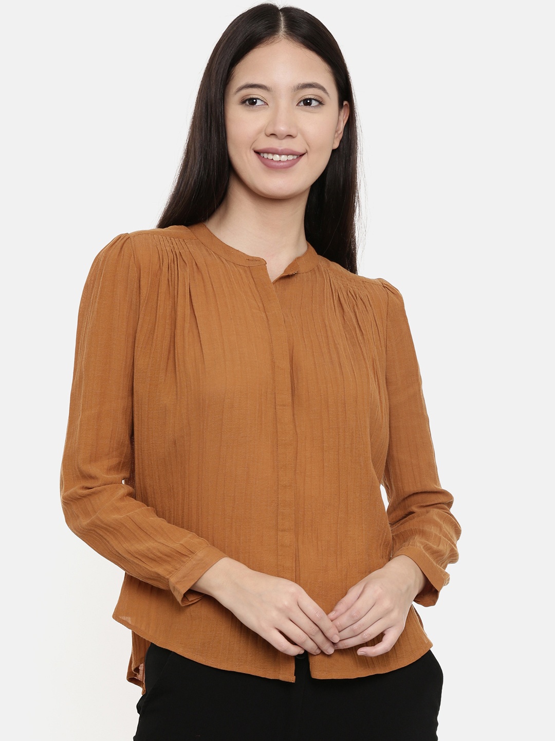 

Chumbak Women Mustard Brown Solid Regular Fit Casual Shirt