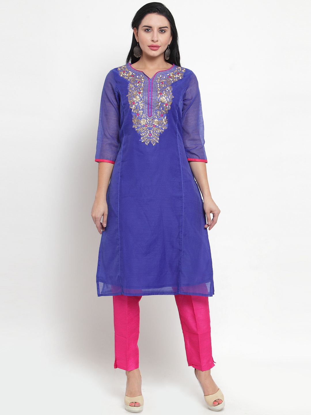

WESTCLO Women Blue Yoke Design Straight Kurta