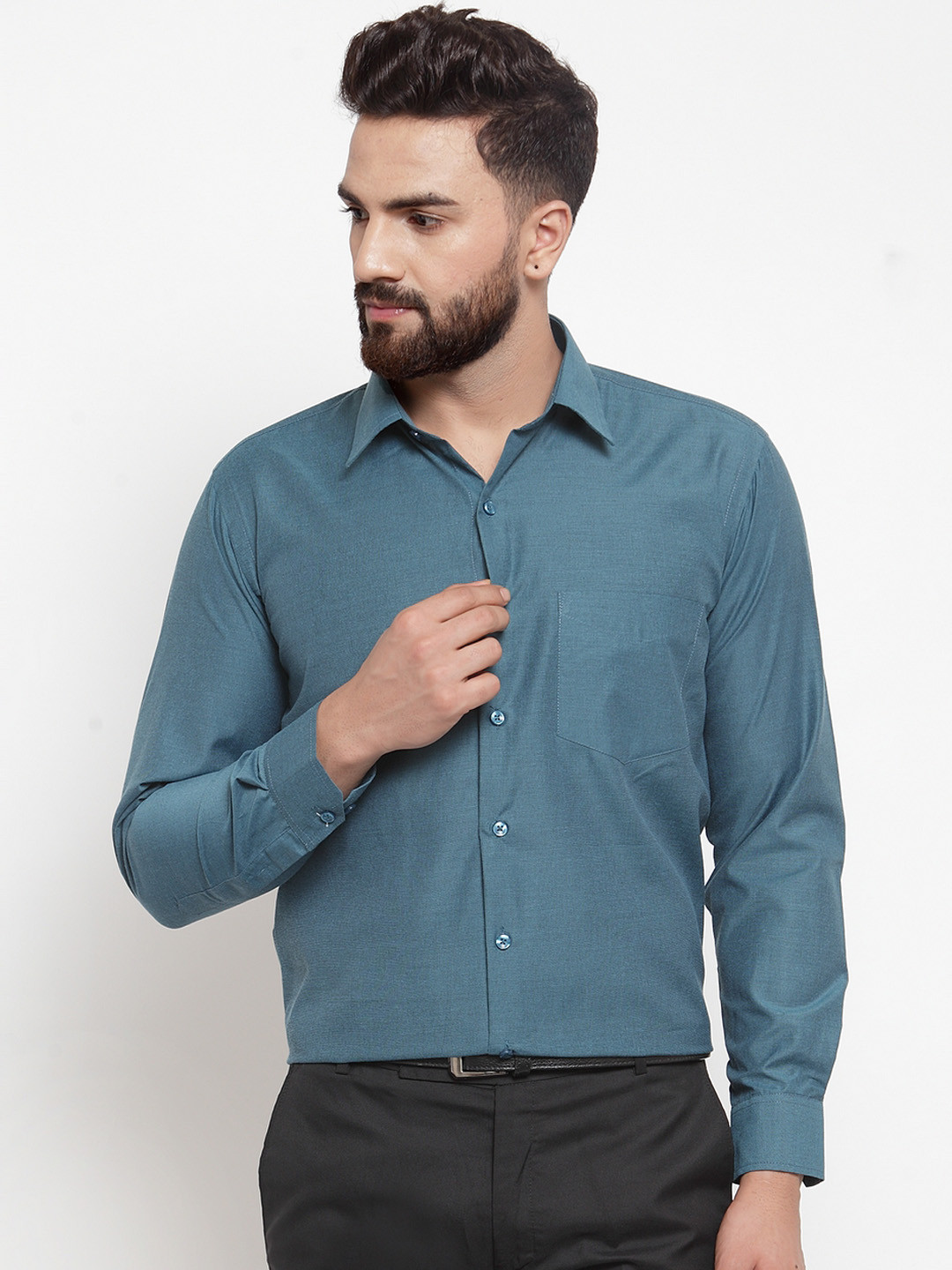 

English Navy Men Green Sport Slim Fit Solid Chambray Formal Shirt
