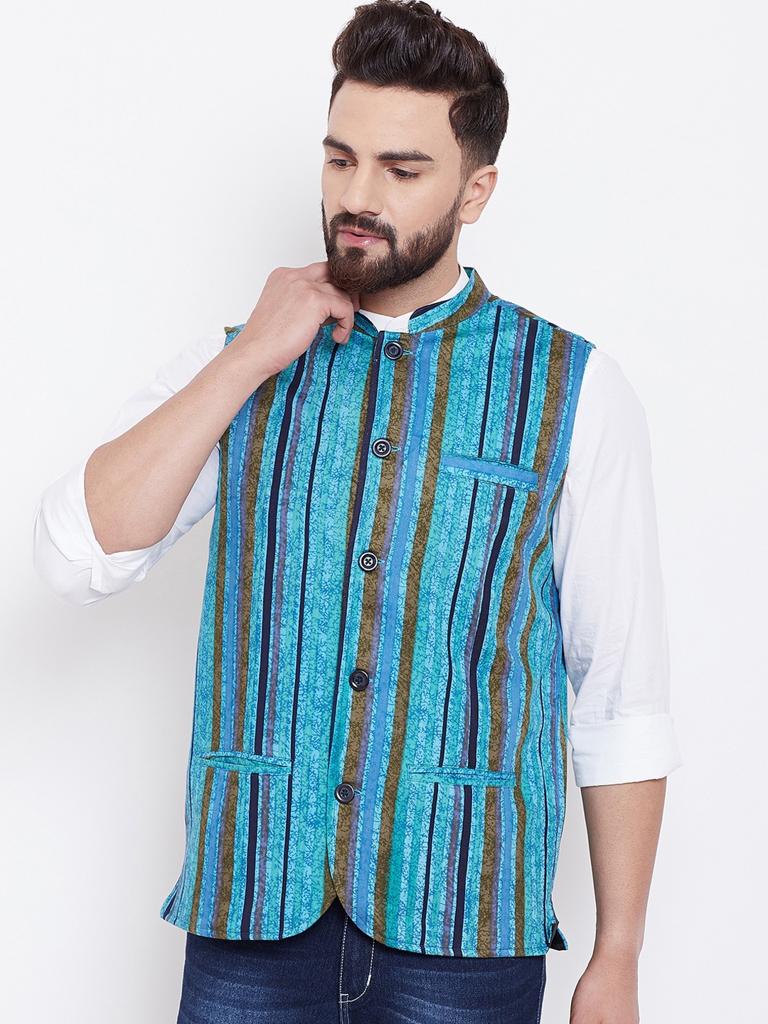 

even Men Blue Striped Nehru Jacket