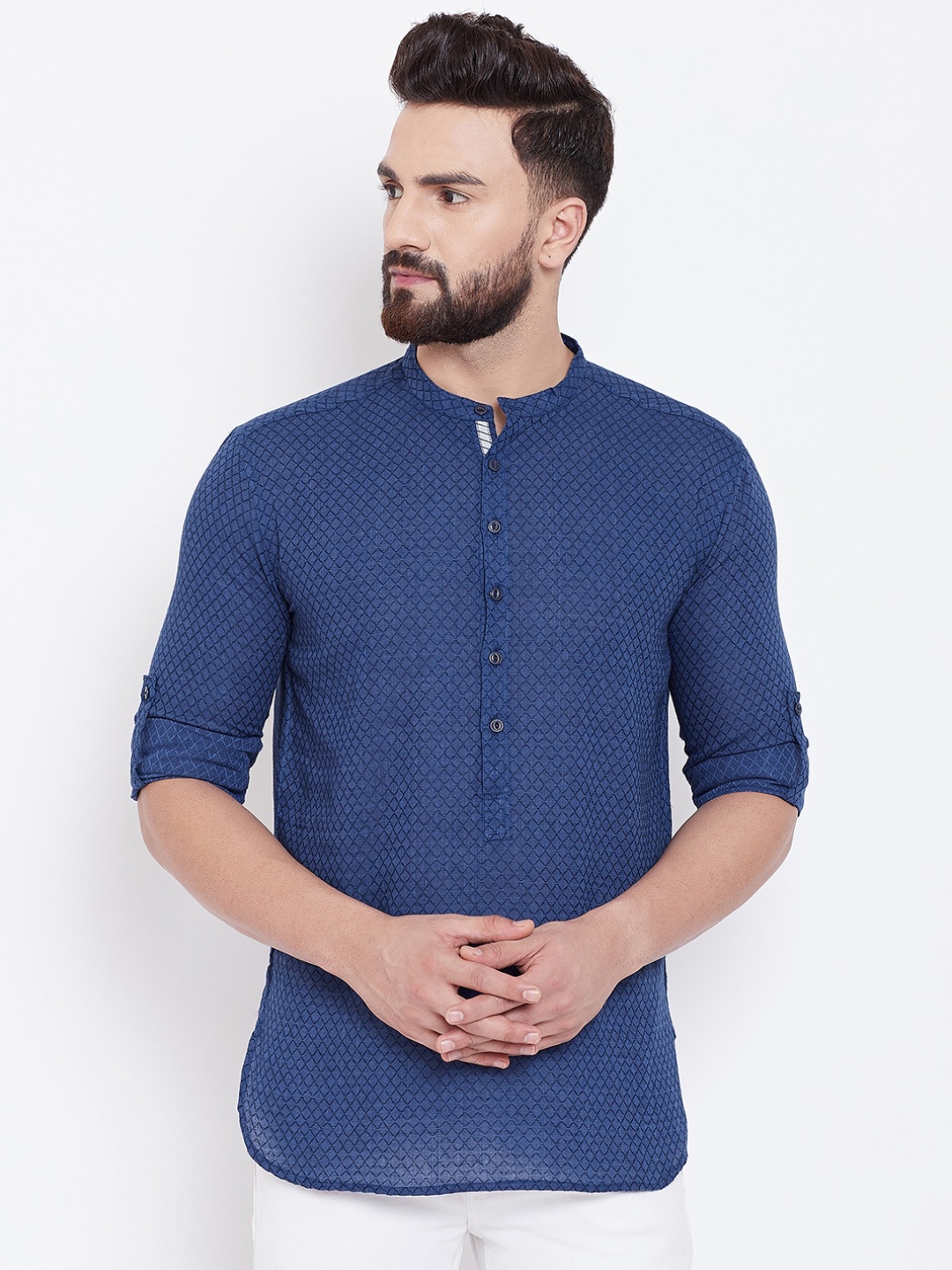 

even Men Blue Checked Straight Kurta