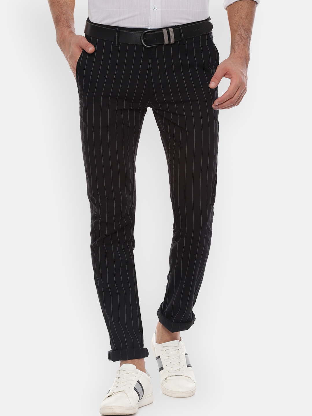 

V Dot Men Black Slim Fit Striped Regular Trousers