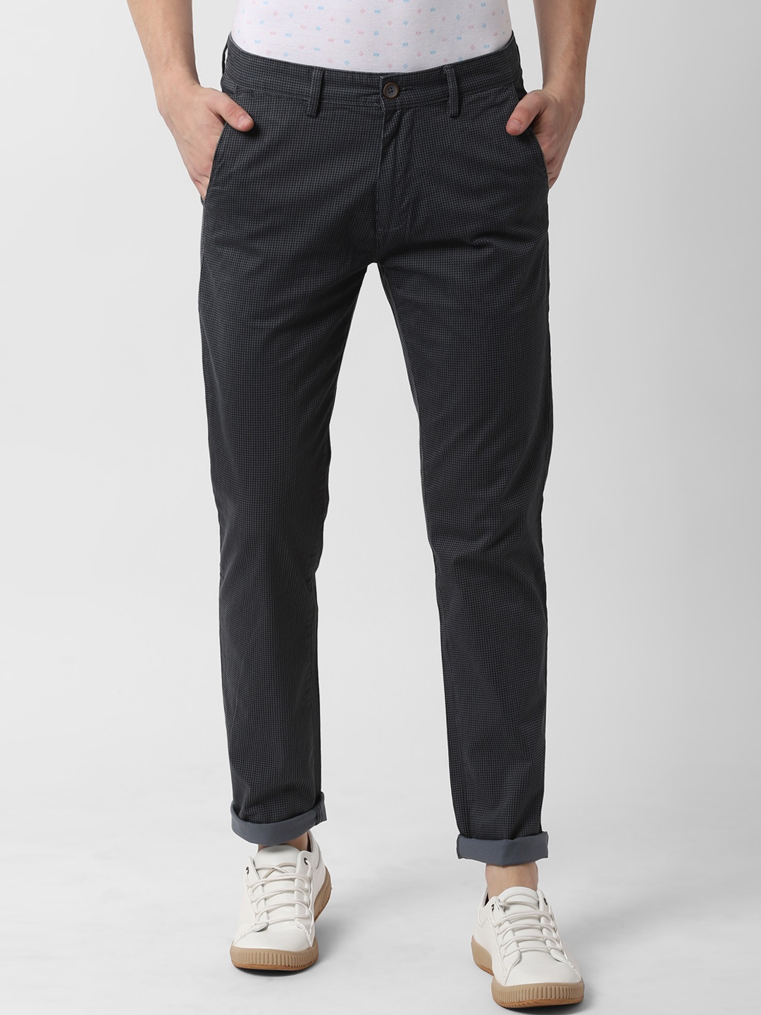 

Peter England Casuals Men Grey Slim Fit Printed Regular Trousers