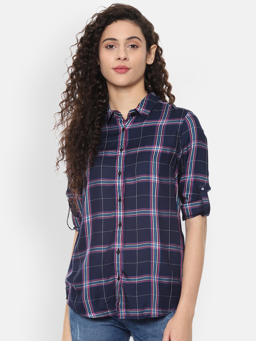 

Allen Solly Woman Women Navy Blue Regular Fit Checked Casual Shirt