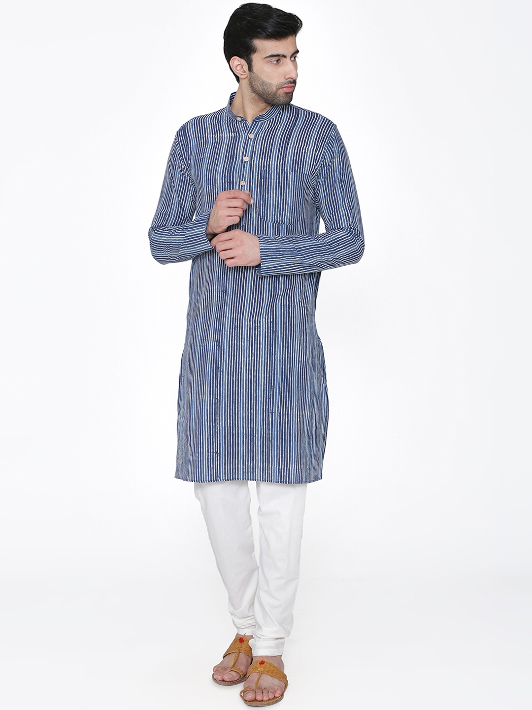 

Wintage Men Blue & Off-White Striped Straight Kurta