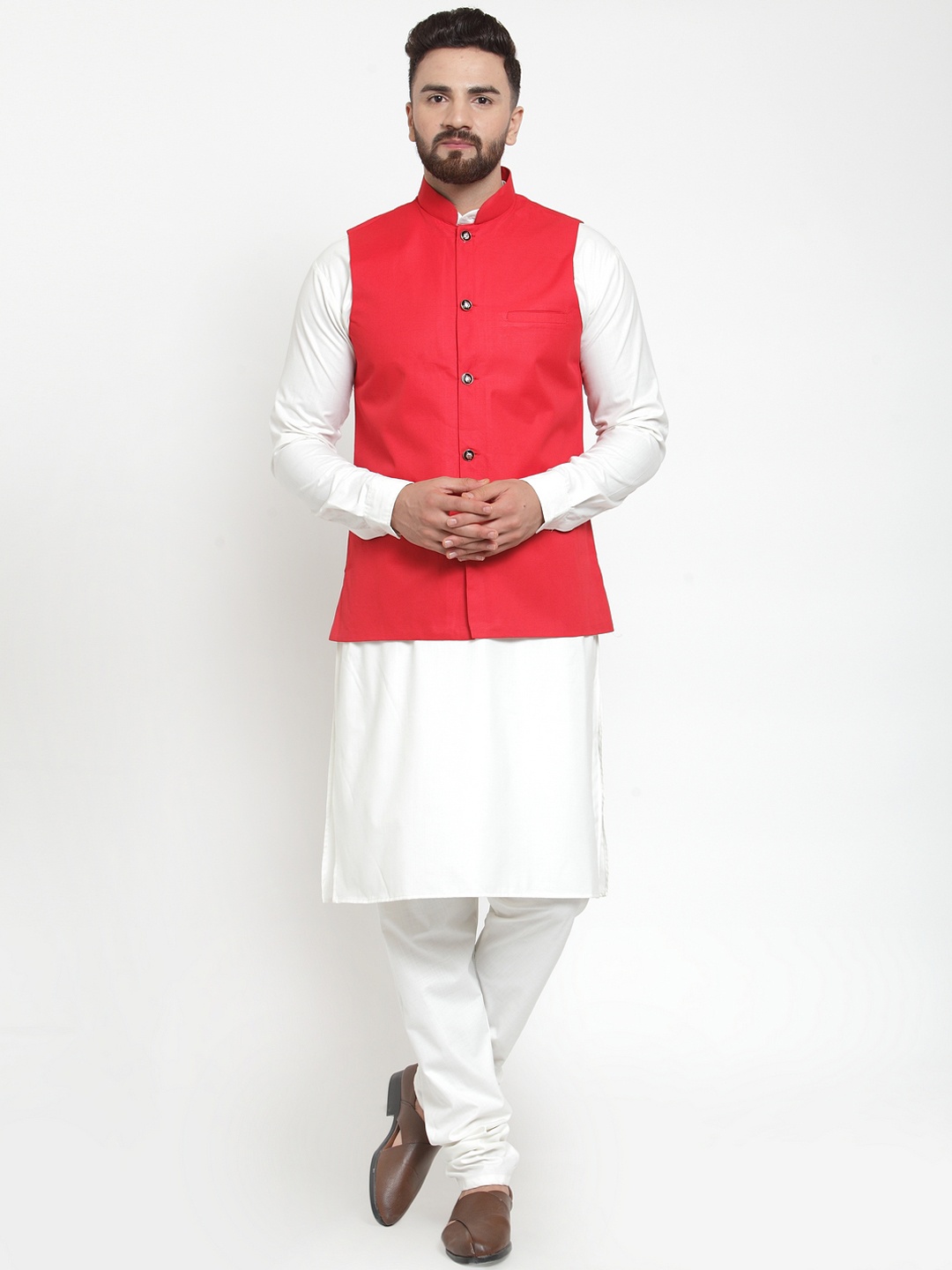 

Jompers Men White & Red Solid Kurta Set with Nehru Jacket