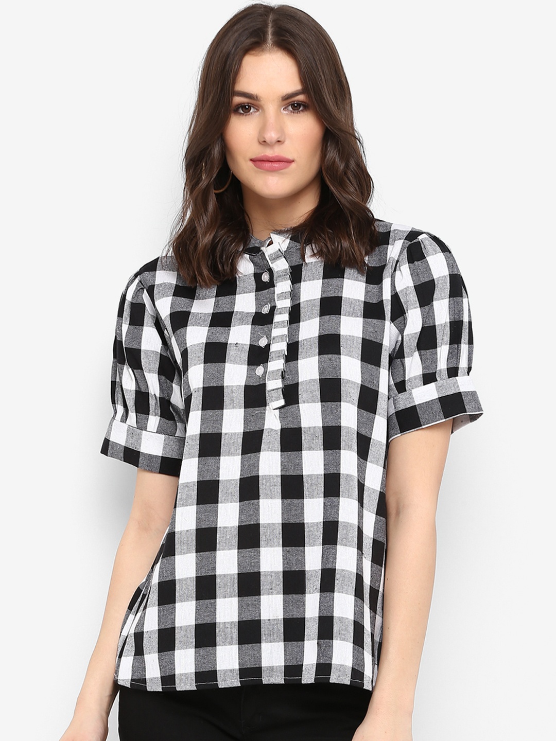 

One Femme Women White & BlackChecked Pure Cotton Shirt Style Pure Cotton Top
