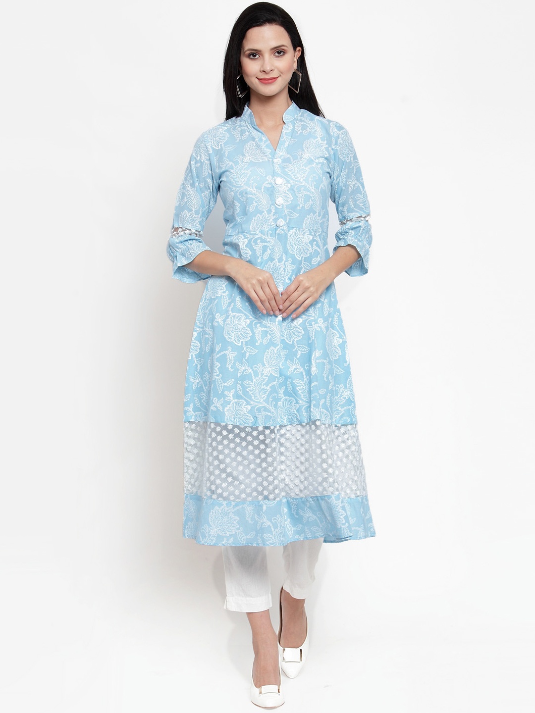 

Get Glamr Women Blue & White Block Printed A-Line Kurta