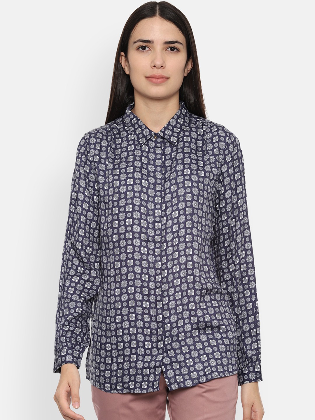 

Van Heusen Woman Navy Blue Regular Fit Printed Casual Shirt