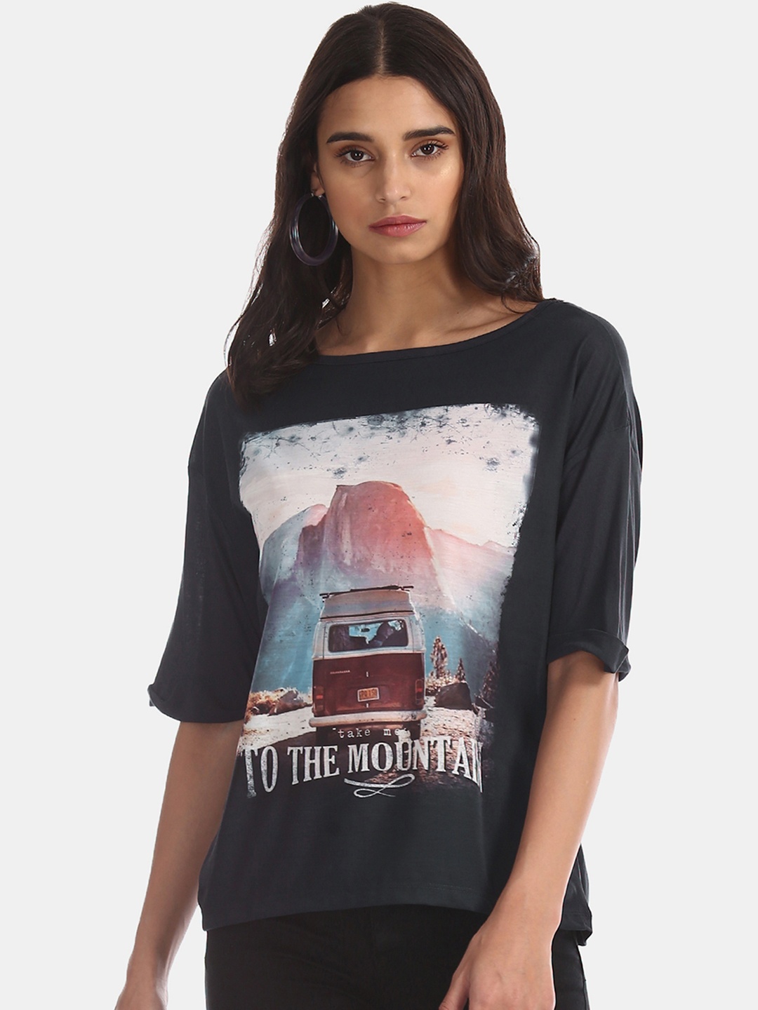 

Flying Machine Women Charcoal Printed Round Neck T-shirt