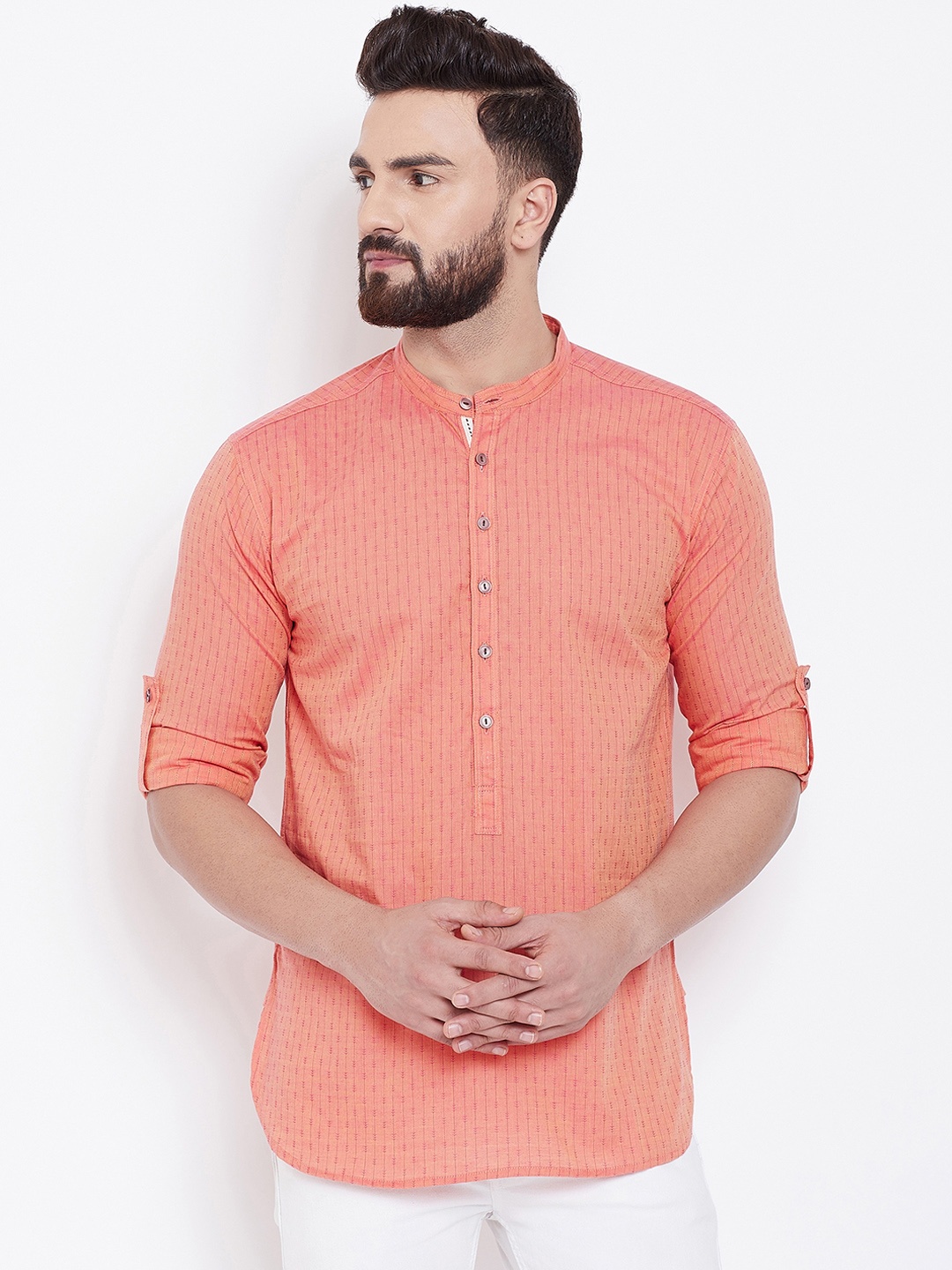 

even Men Peach-Coloured Self Striped Straight Kurta
