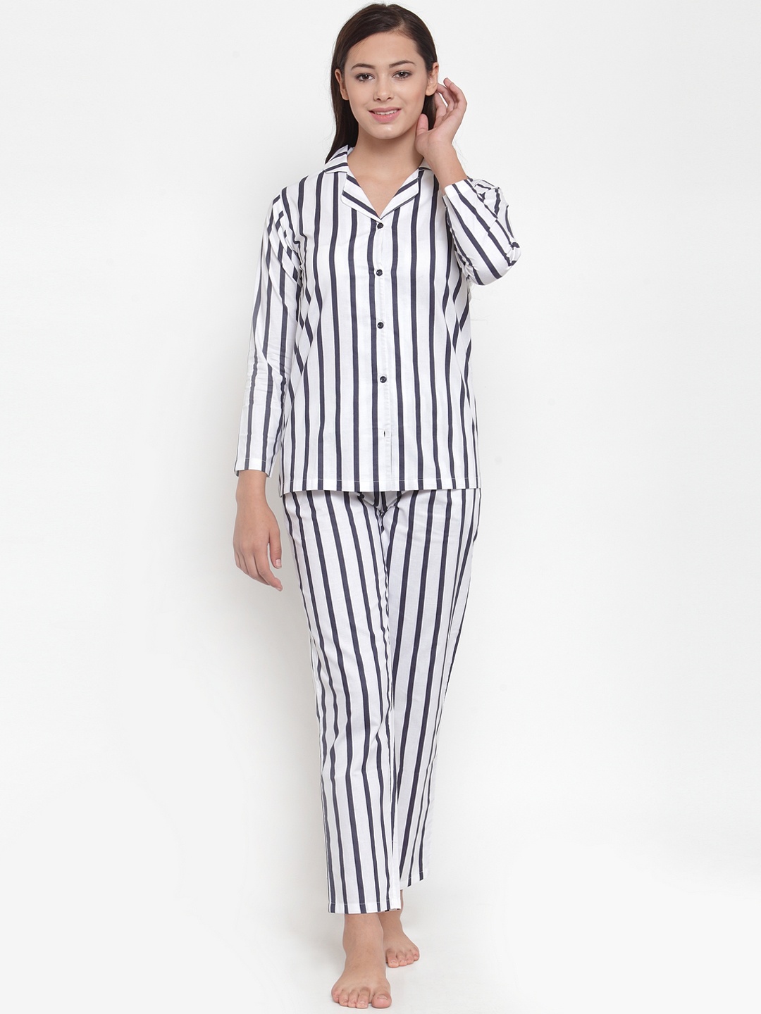 

Claura Women White & Navy Blue Striped Night suit